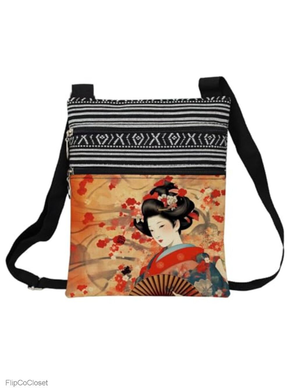 Ethnic Geisha Print Crossbody Bag Polyester Adjustable Strap Zip Pouch